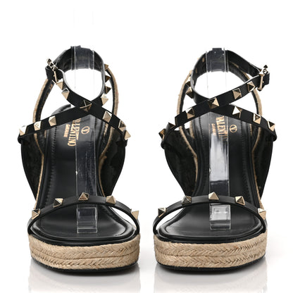 Valentino Garavani Calfskin Rockstud Ankle Strap Espadrille 20/110mm Wedge Sandals 38 Black 2 of 9