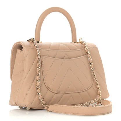 Chanel Caviar Chevron Quilted Mini Coco Handle Flap Beige 3 of 12