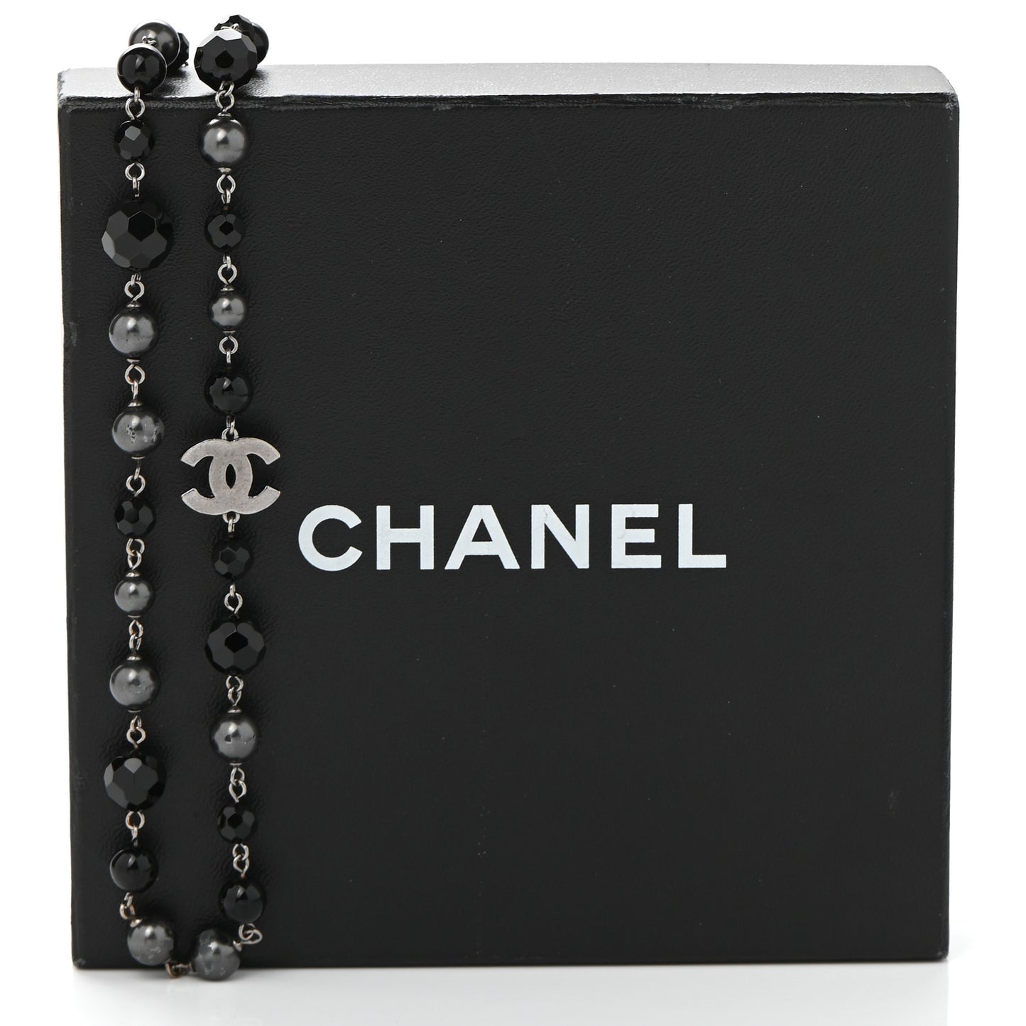 Pearl Beaded CC Long Necklace Silver Black