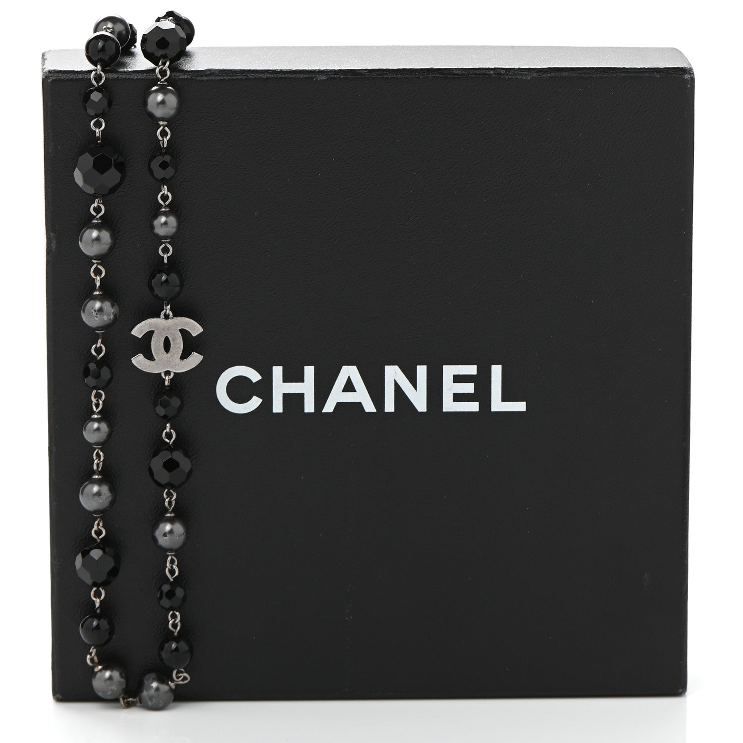 Chanel Pearl Beaded CC Long Necklace Silver Black 7 of 7