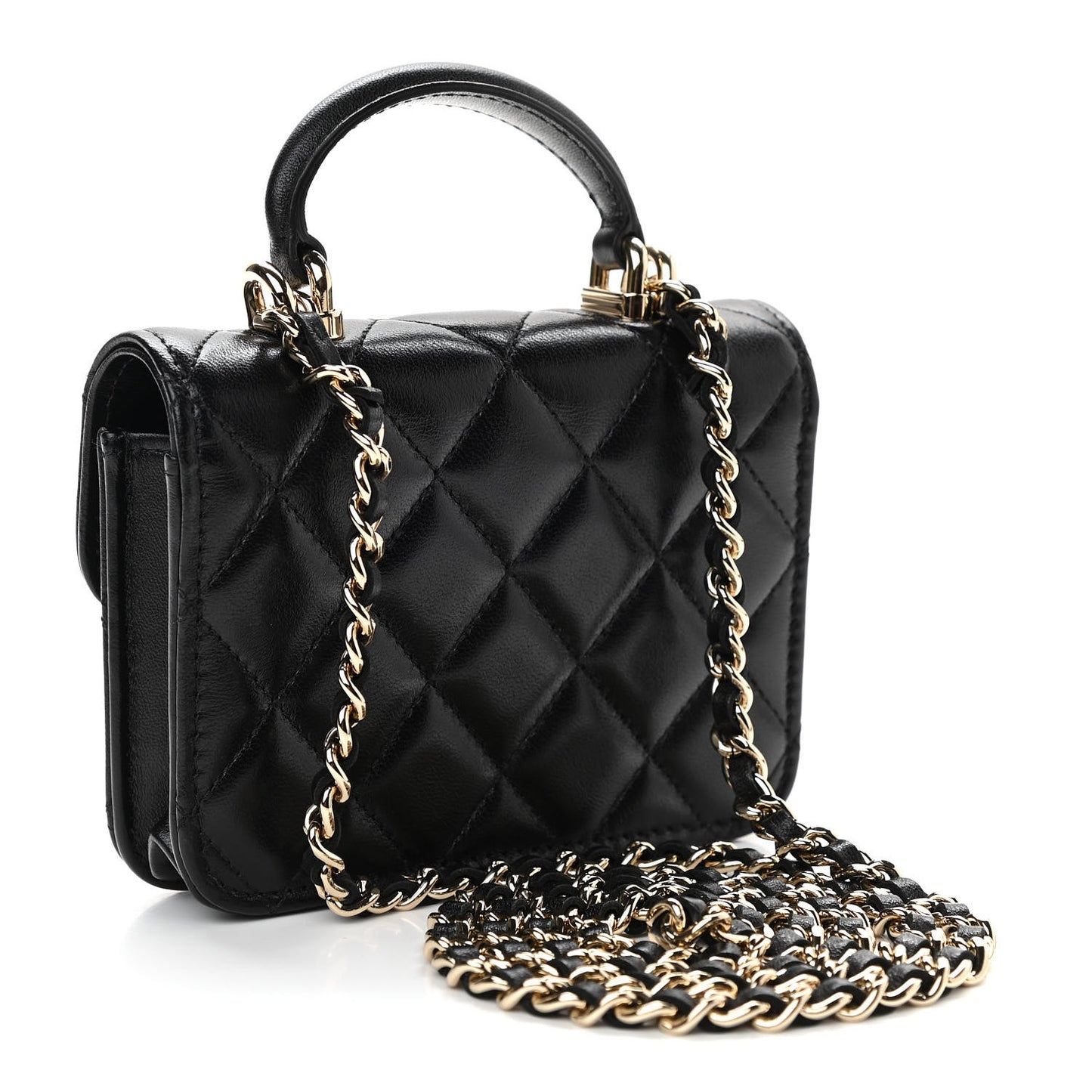 Lambskin Quilted Top Handle Flap Coin Purse With Chain Black