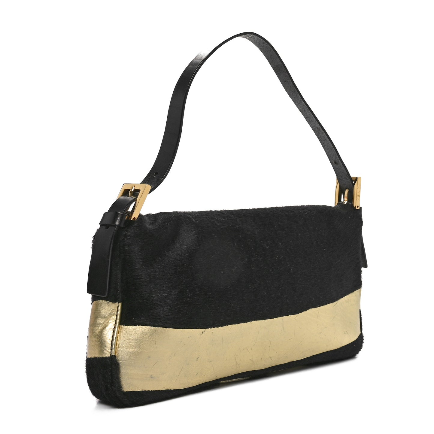 Metallic Calfskin Calf Hair Baguette Black Gold
