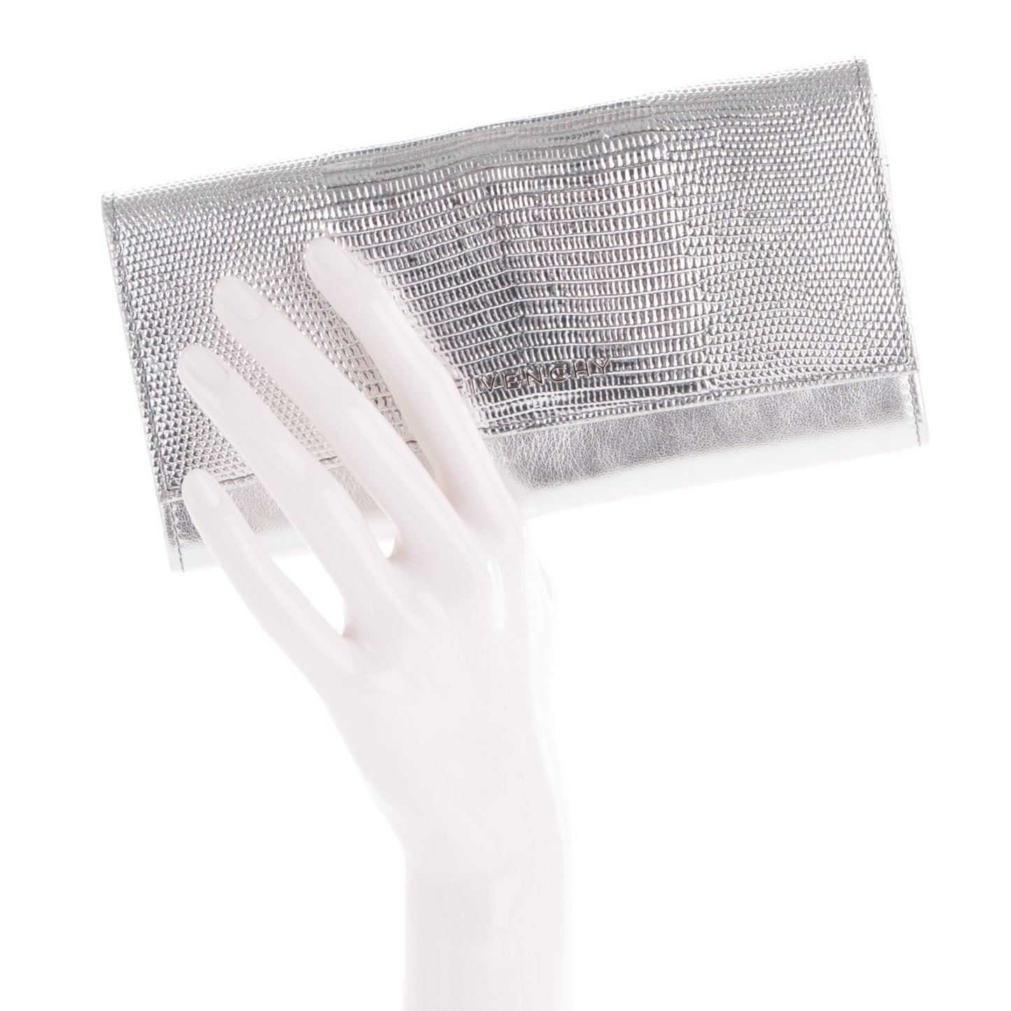 Metallic Calfskin Lizard Embossed Pandora Flap Continental Wallet Silver