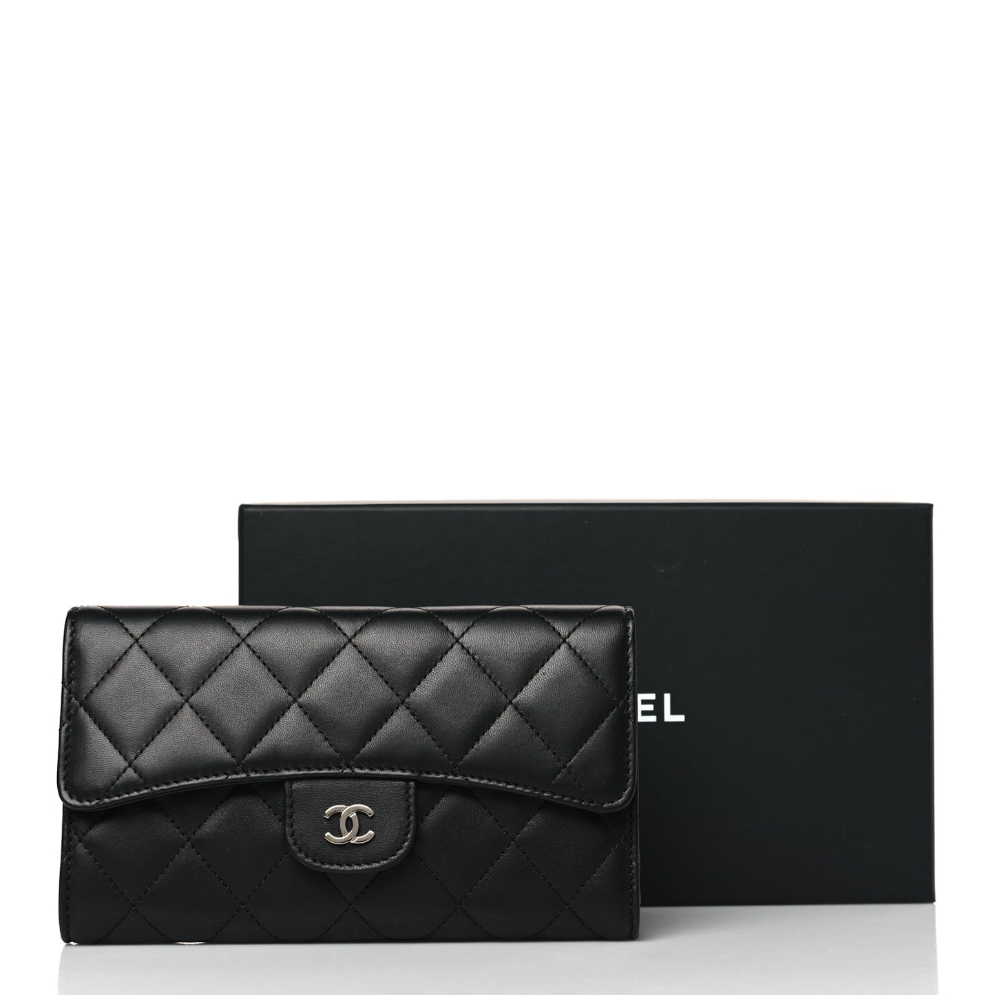 Lambskin Quilted Large Gusset Flap Wallet Black