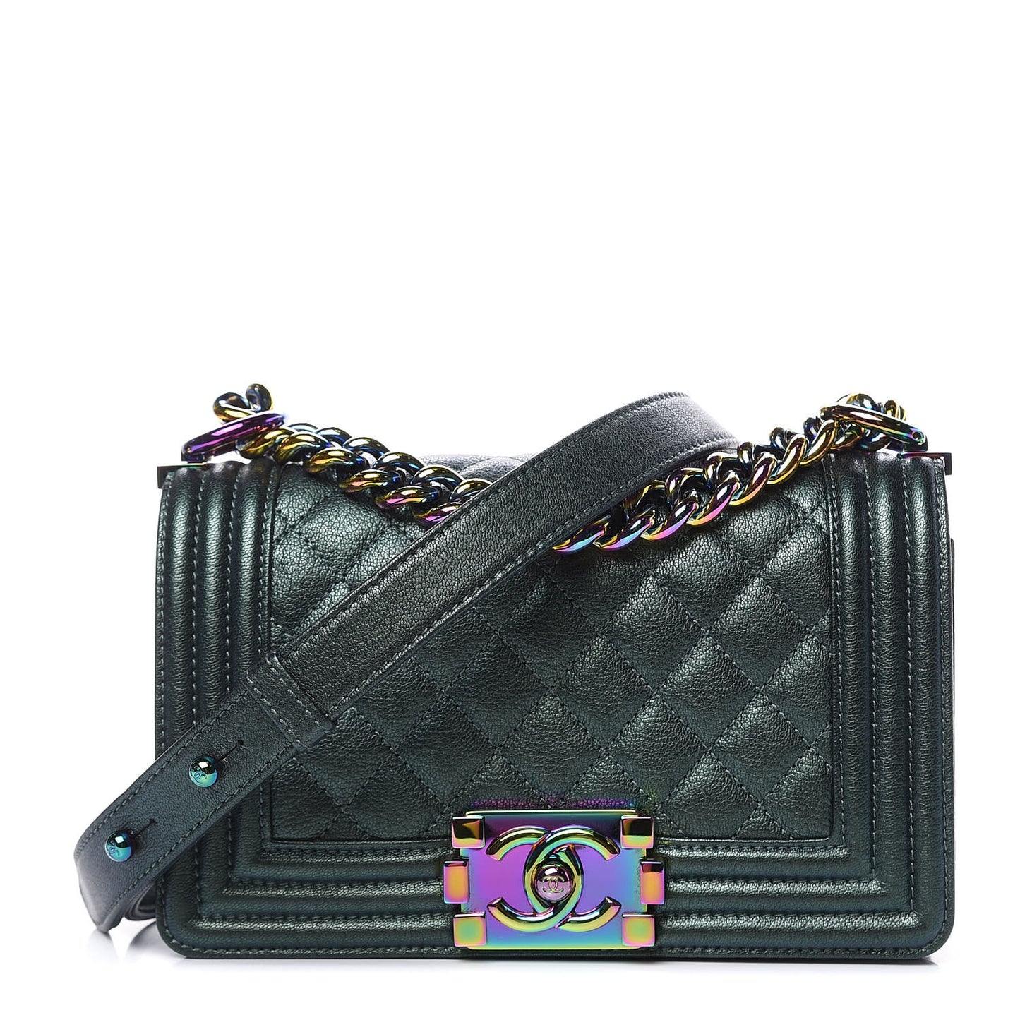 Iridescent Goatskin Quilted Small Boy Flap Green