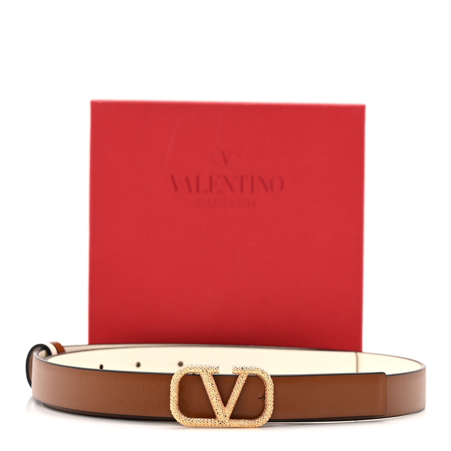 Glossy Calfskin Hammered VLogo Reversible 20mm Belt 80 32 Saddle Brown Ivory