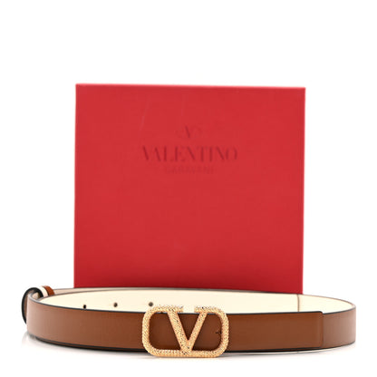 Valentino Garavani Glossy Calfskin Hammered VLogo Reversible 20mm Belt 80 32 Saddle Brown Ivory 7 of 7