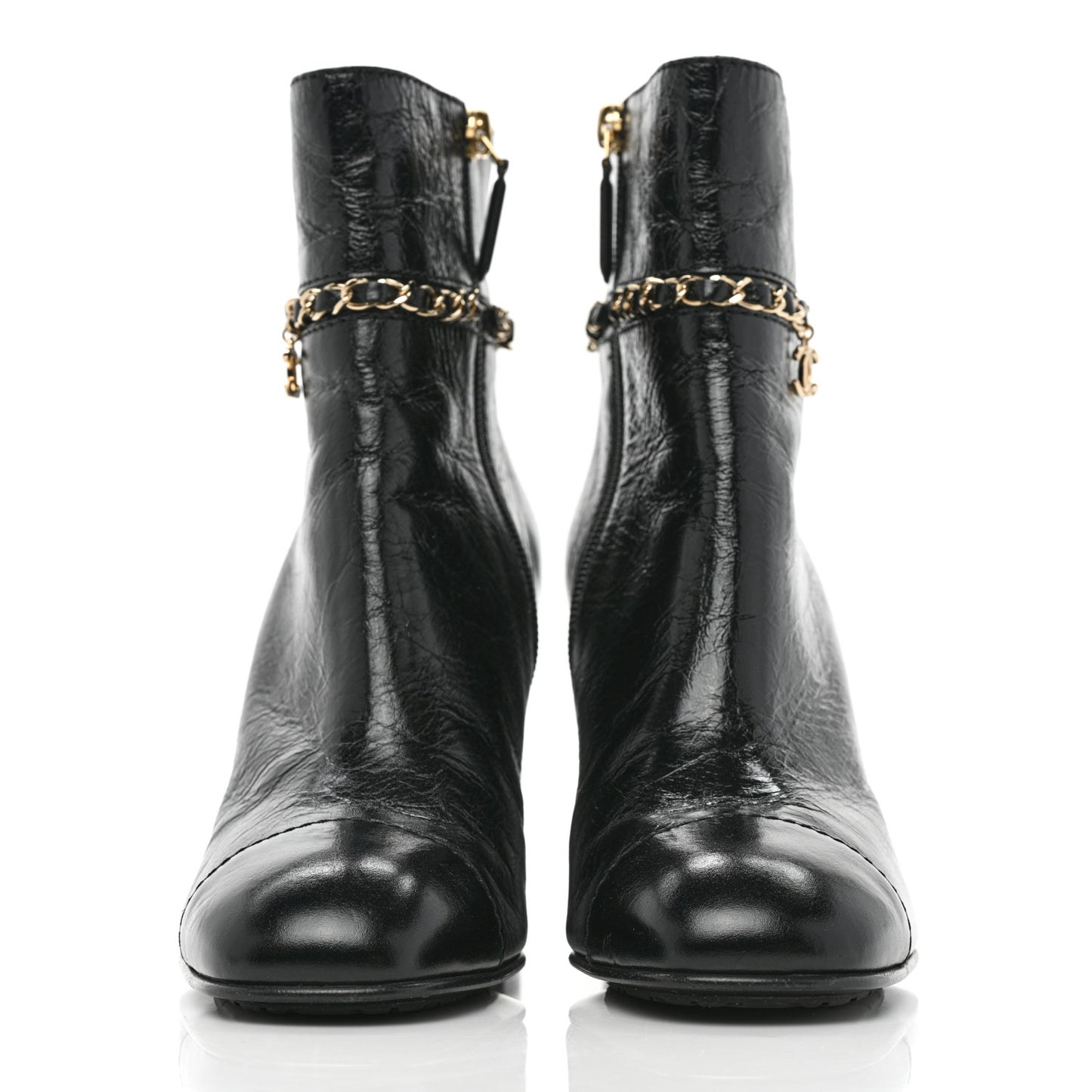 Crumpled Calfskin Cap Toe Chain Short Boots 38.5 Black