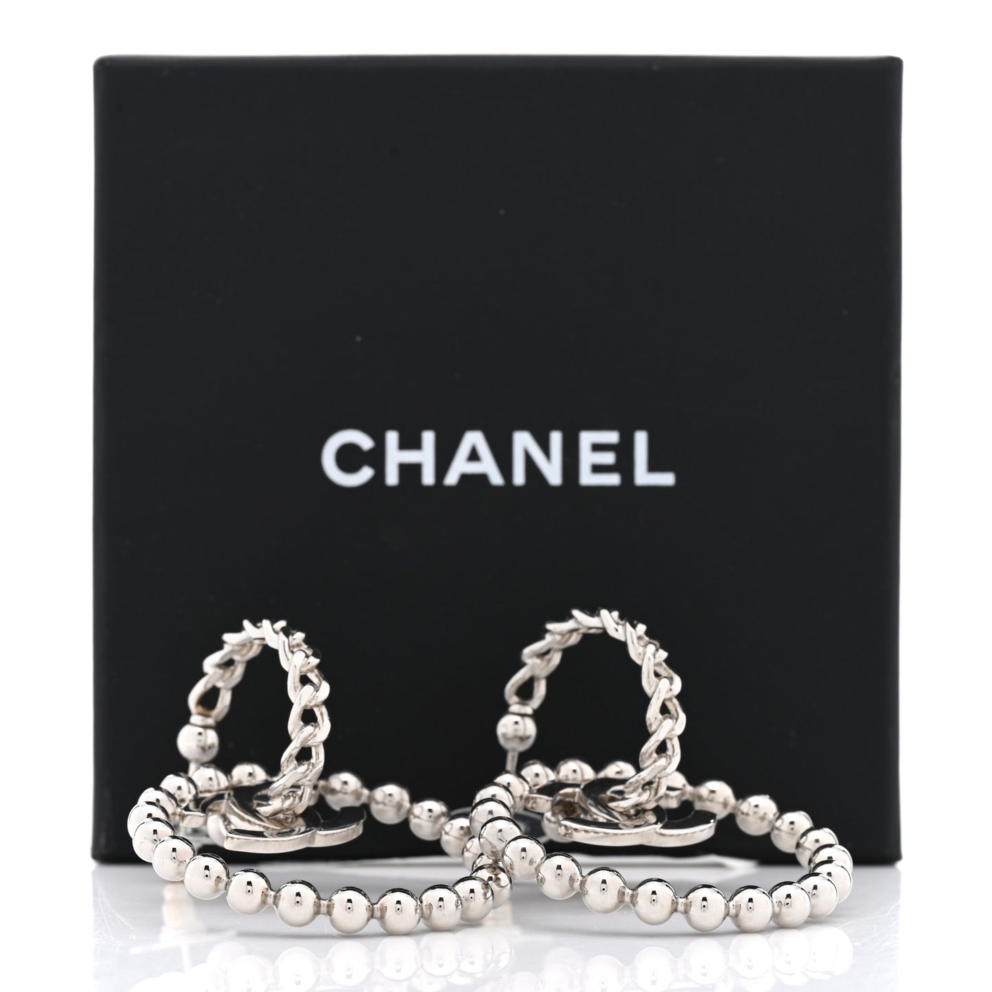 Metal Beaded CC Hoop Earrings Silver