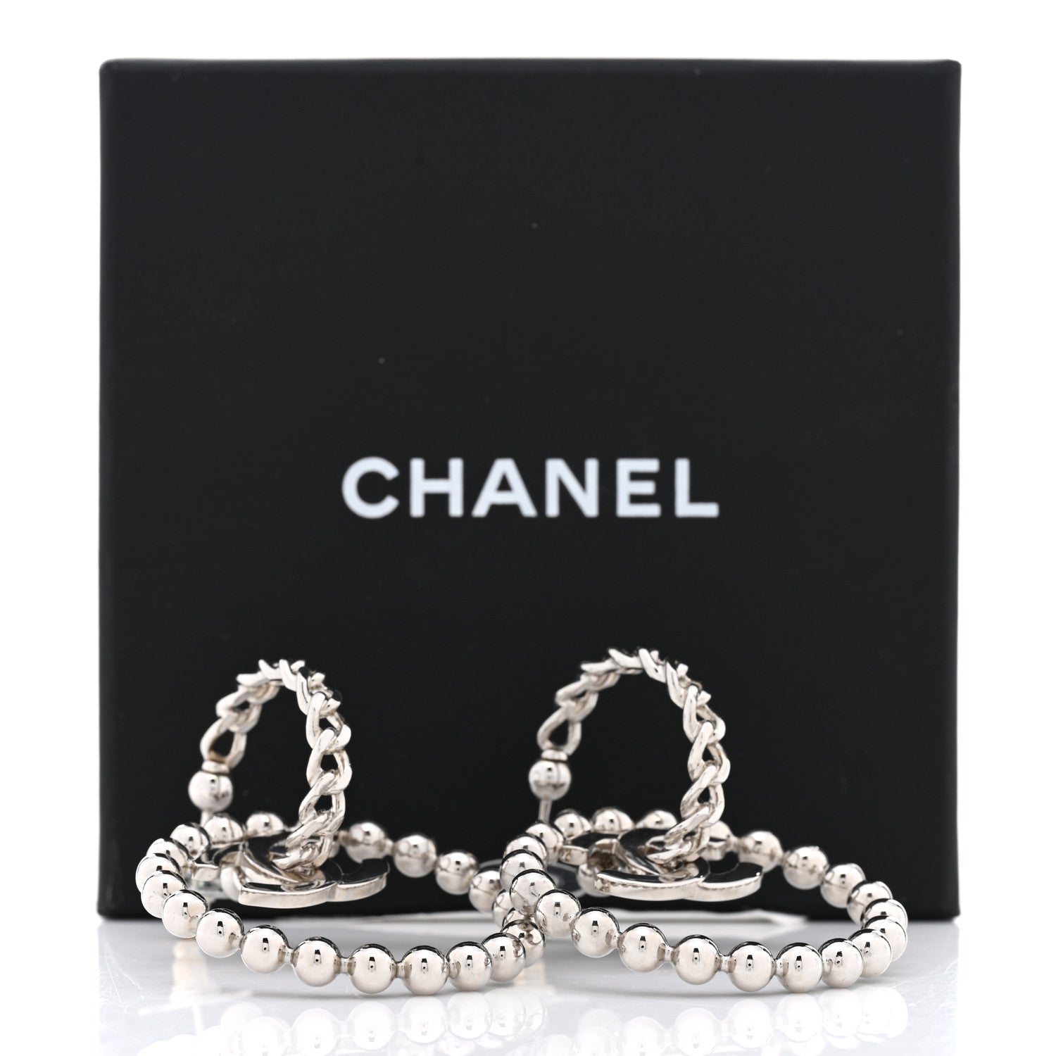 Chanel Metal Beaded CC Hoop Earrings Silver 5 of 5