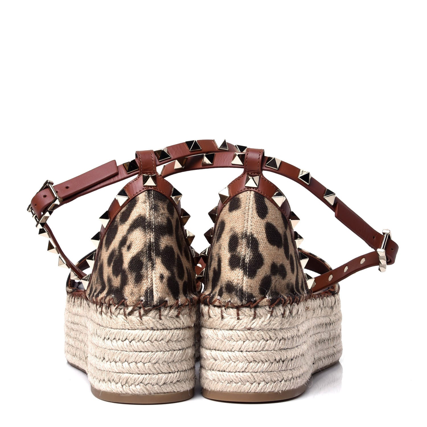 Valentino Garavani Canvas Leopard Print Rockstud Ankle Wrap Espadrille Flatform Sandals 39 Brown 4 of 6