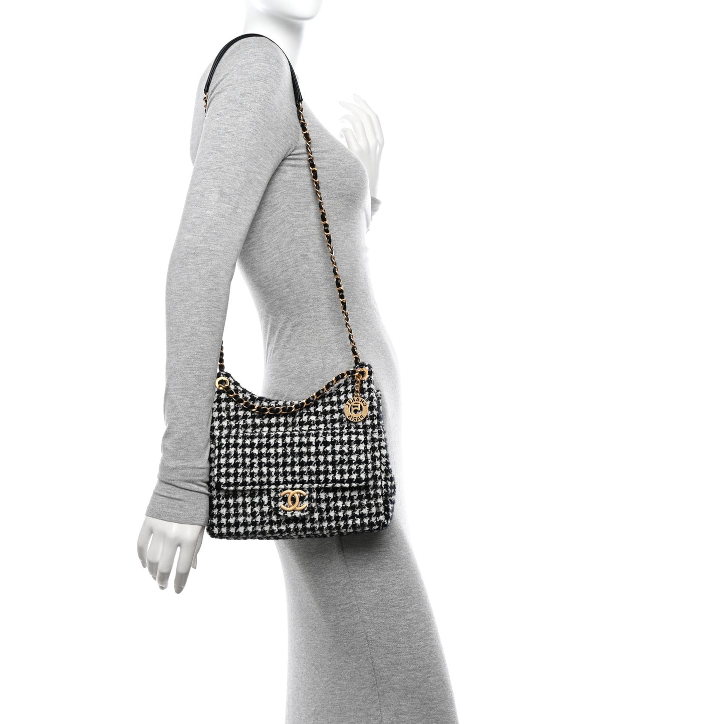Tweed Houndstooth Quilted Small Wavy CC Hobo Black White