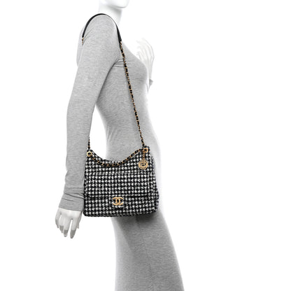 Chanel Tweed Houndstooth Quilted Small Wavy CC Hobo Black White 2 of 11