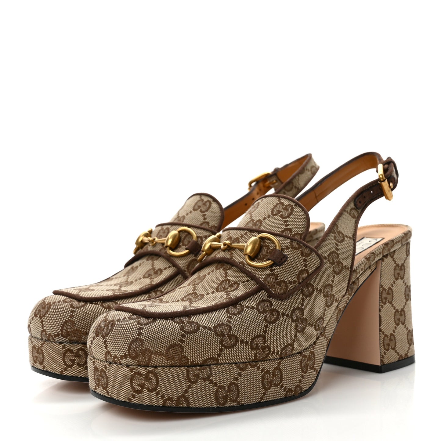 Monogram Kid Scamosciato Horsebit Platform 25/85mm Slingback Mules 40 Beige Ebony New Acero