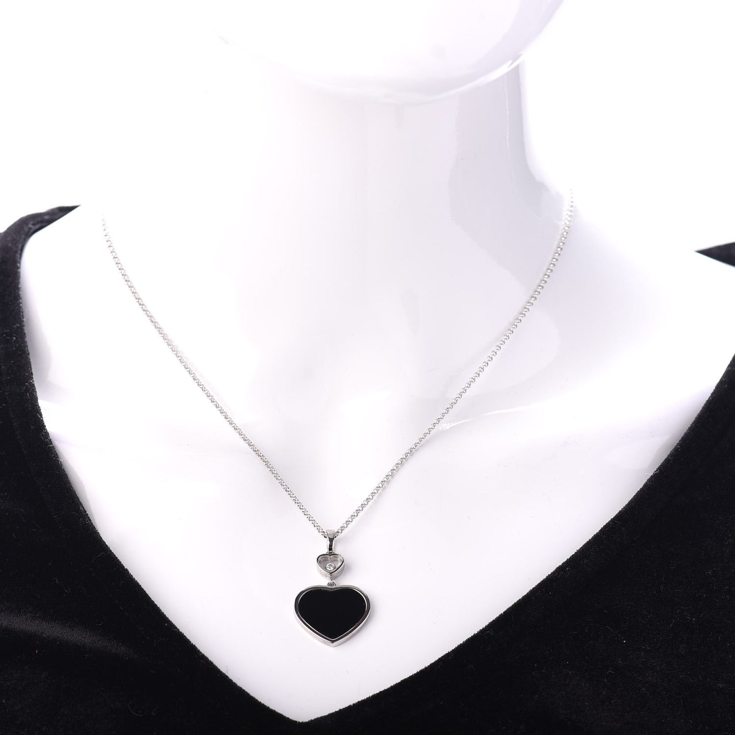 18K White Gold Diamond Onyx Happy Hearts Necklace