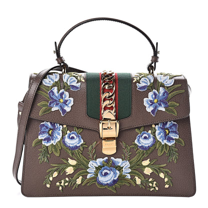 Gucci Calfskin Embroidered Medium Sylvie Top Handle Bag New Acero Multicolor 1 of 10