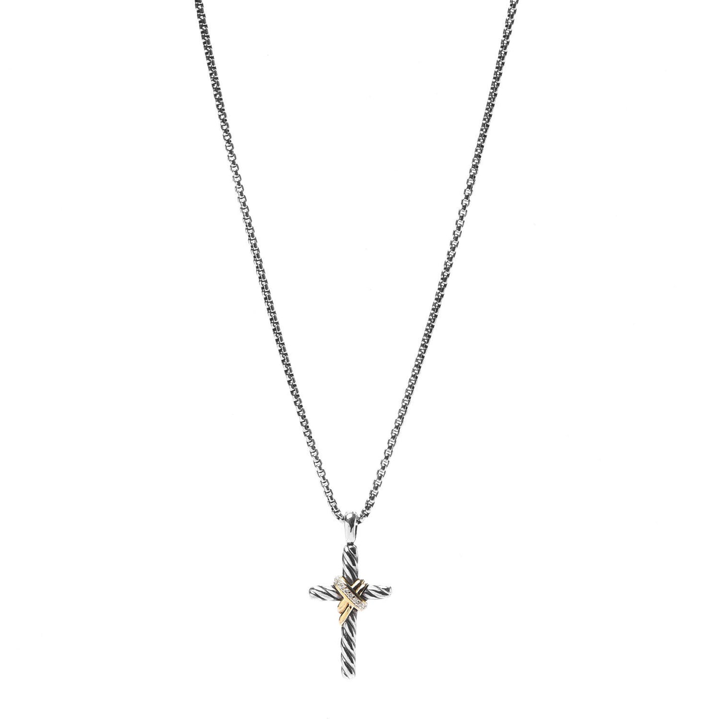 Sterling Silver 14K Yellow Gold Diamond 32mm X Cross Pendant Necklace