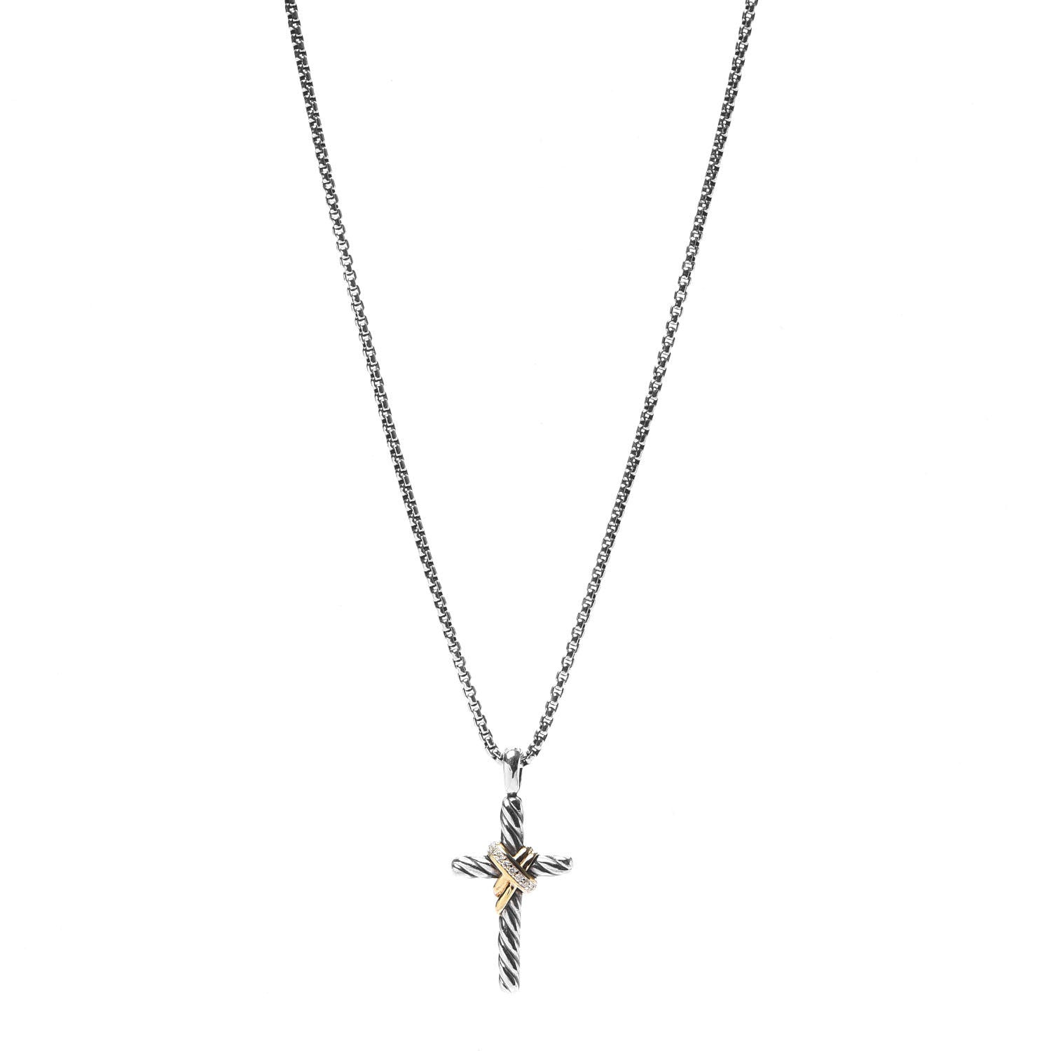 David Yurman Sterling Silver 14K Yellow Gold Diamond 32mm X Cross Pendant Necklace 1 of 3
