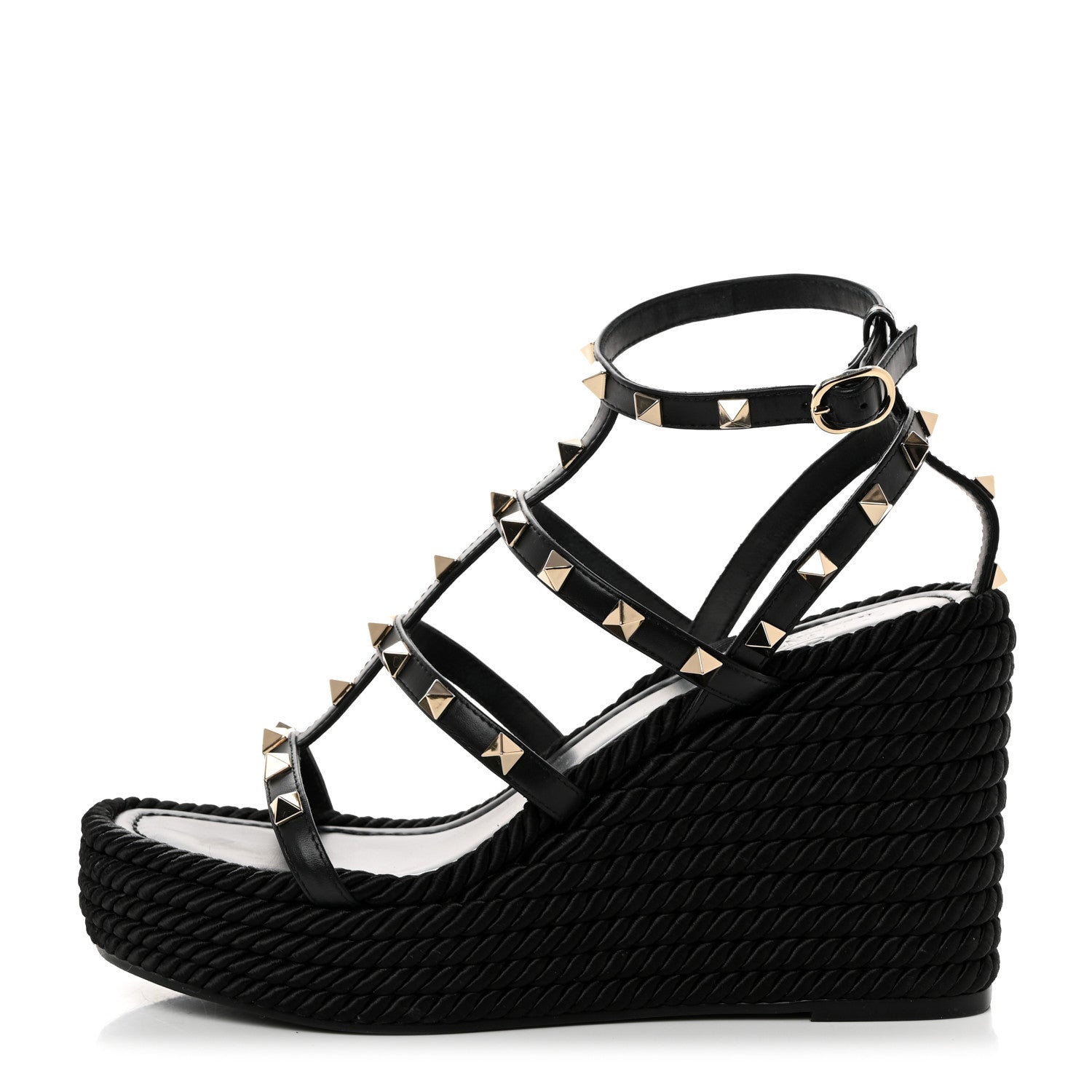 Valentino Garavani Calfskin Rockstud Ankle Strap Torchon Espadrille Caged 25/95mm Wedge Sandals 38 Black 1 of 9