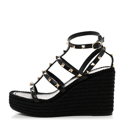 Valentino Garavani Calfskin Rockstud Ankle Strap Torchon Espadrille Caged 25/95mm Wedge Sandals 38 Black 1 of 9