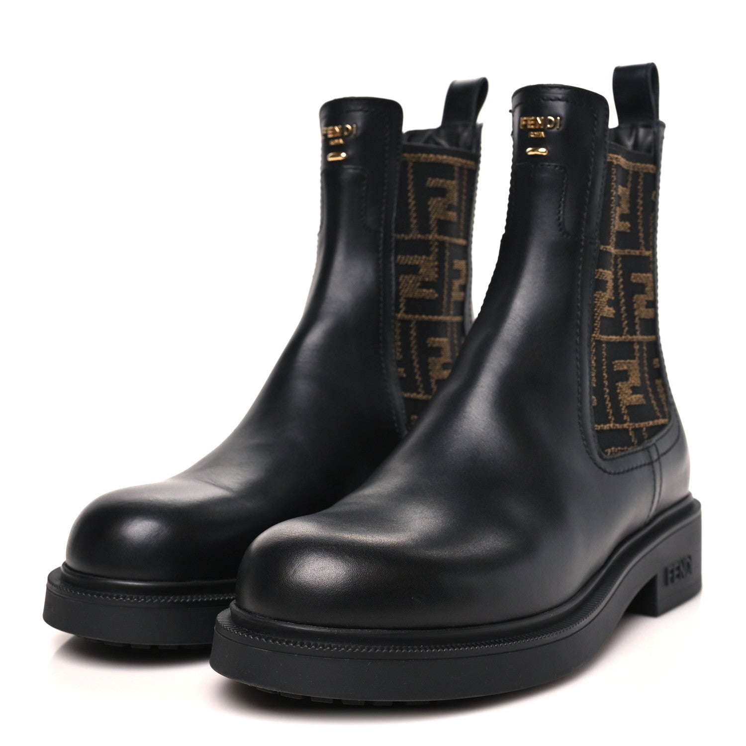 Fendi Vitello Fabric Jacquard FF Filo Chelsea Boots 38 Black Tobacco 4 of 8