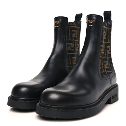 Fendi Vitello Fabric Jacquard FF Filo Chelsea Boots 38 Black Tobacco 4 of 8
