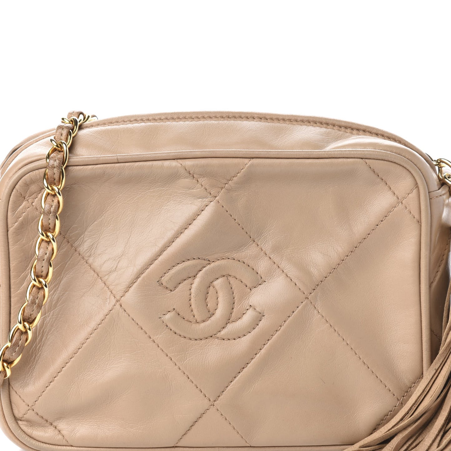 Lambskin Quilted Tassel Camera Case Beige
