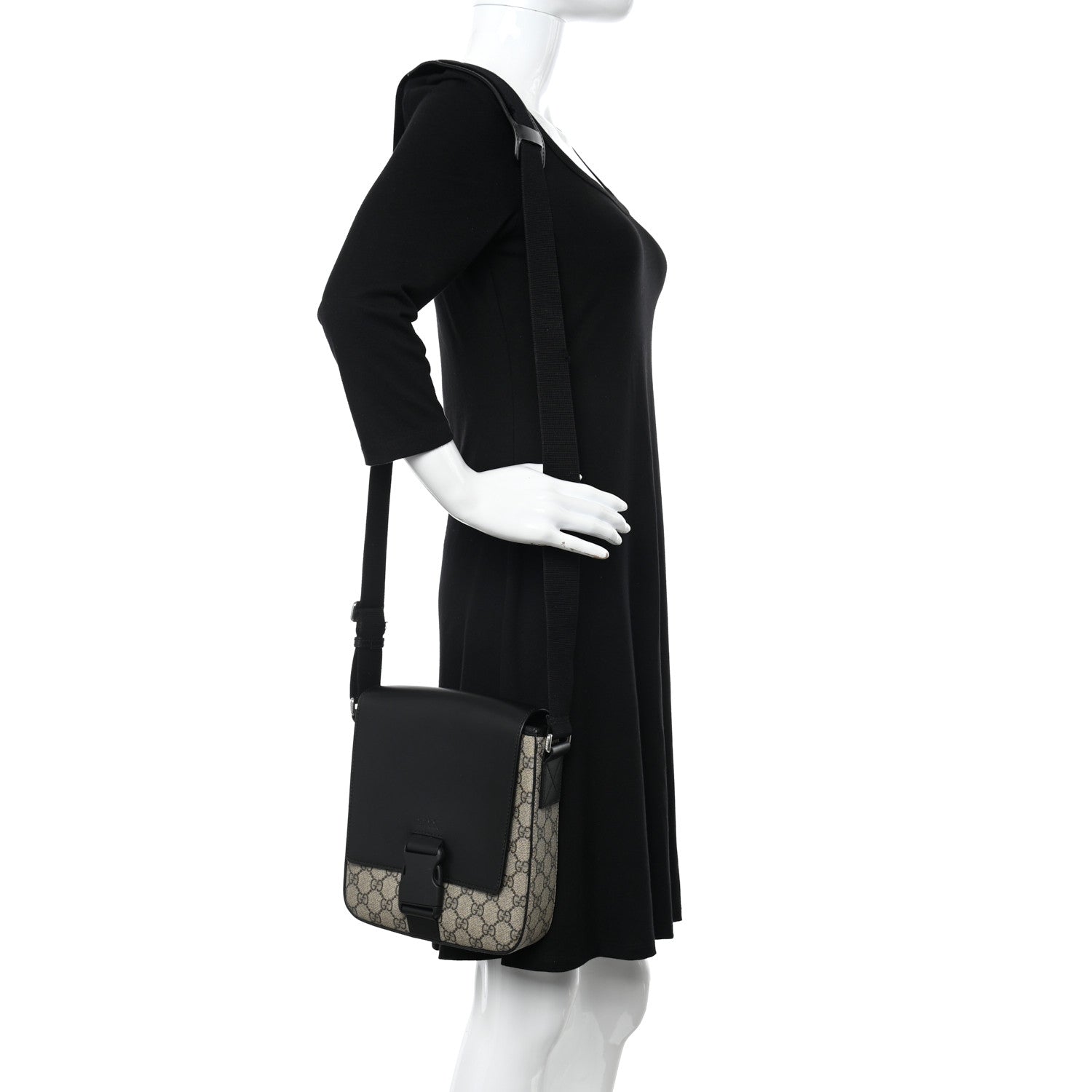 Gucci GG Supreme Monogram Single Buckle Flap Messenger Bag Beige Black 2 of 14