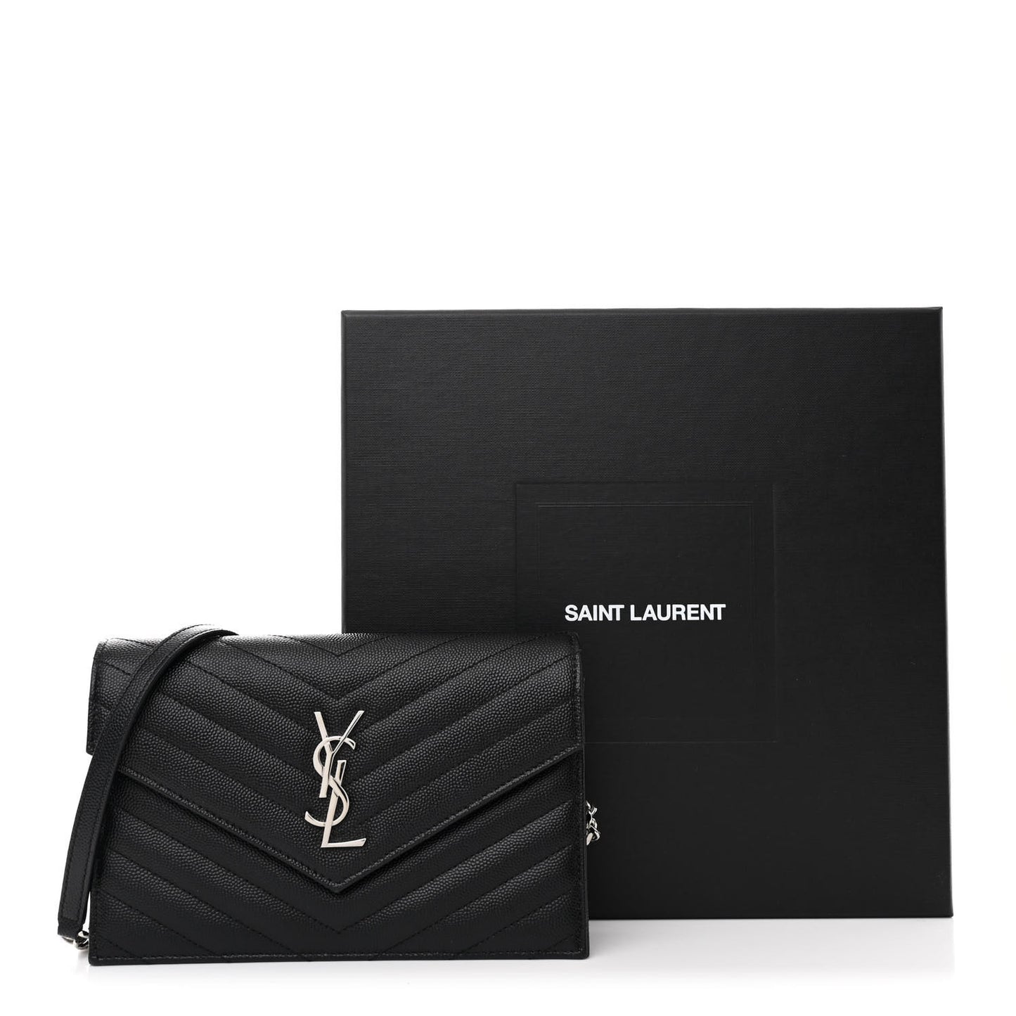 Grain De Poudre Matelasse Chevron Monogram Envelope Chain Wallet Black
