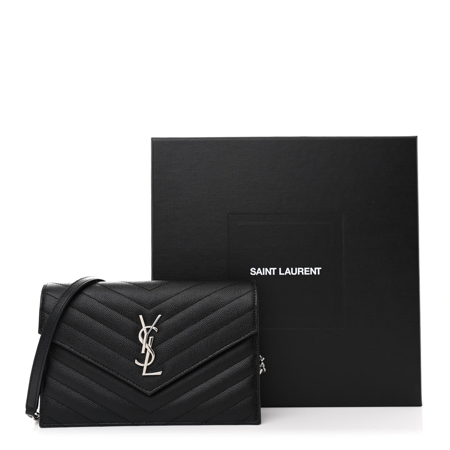 Saint Laurent Grain De Poudre Matelasse Chevron Monogram Envelope Chain Wallet Black 12 of 12