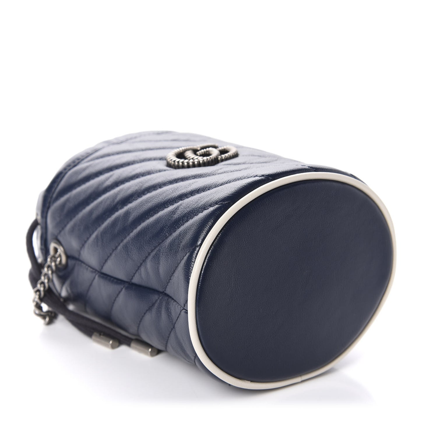 Vintage Effect Calfskin Matelasse Diagonal Mini Torchon GG Marmont 2.0 Bucket Bag Blue Agata Mystic White