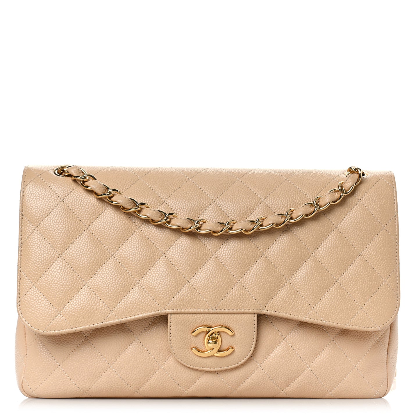 Caviar Quilted Jumbo Double Flap Beige Clair
