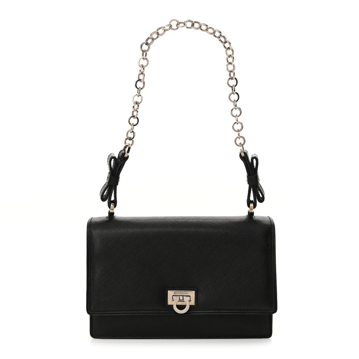 Salvatore Ferragamo Printed Calfskin Gancini Bow Chain Shoulder Bag Black 1 of 14