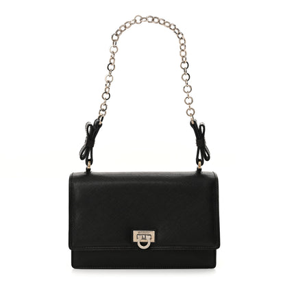 Salvatore Ferragamo Printed Calfskin Gancini Bow Chain Shoulder Bag Black 1 of 14