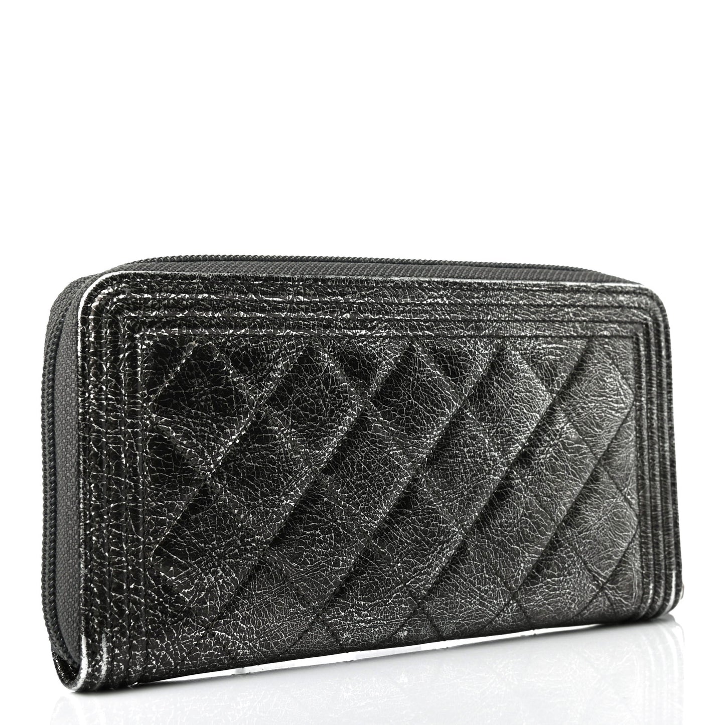 Cracked Metallic Calfskin Quilted Boy Long Zip Around Wallet Dark Silver