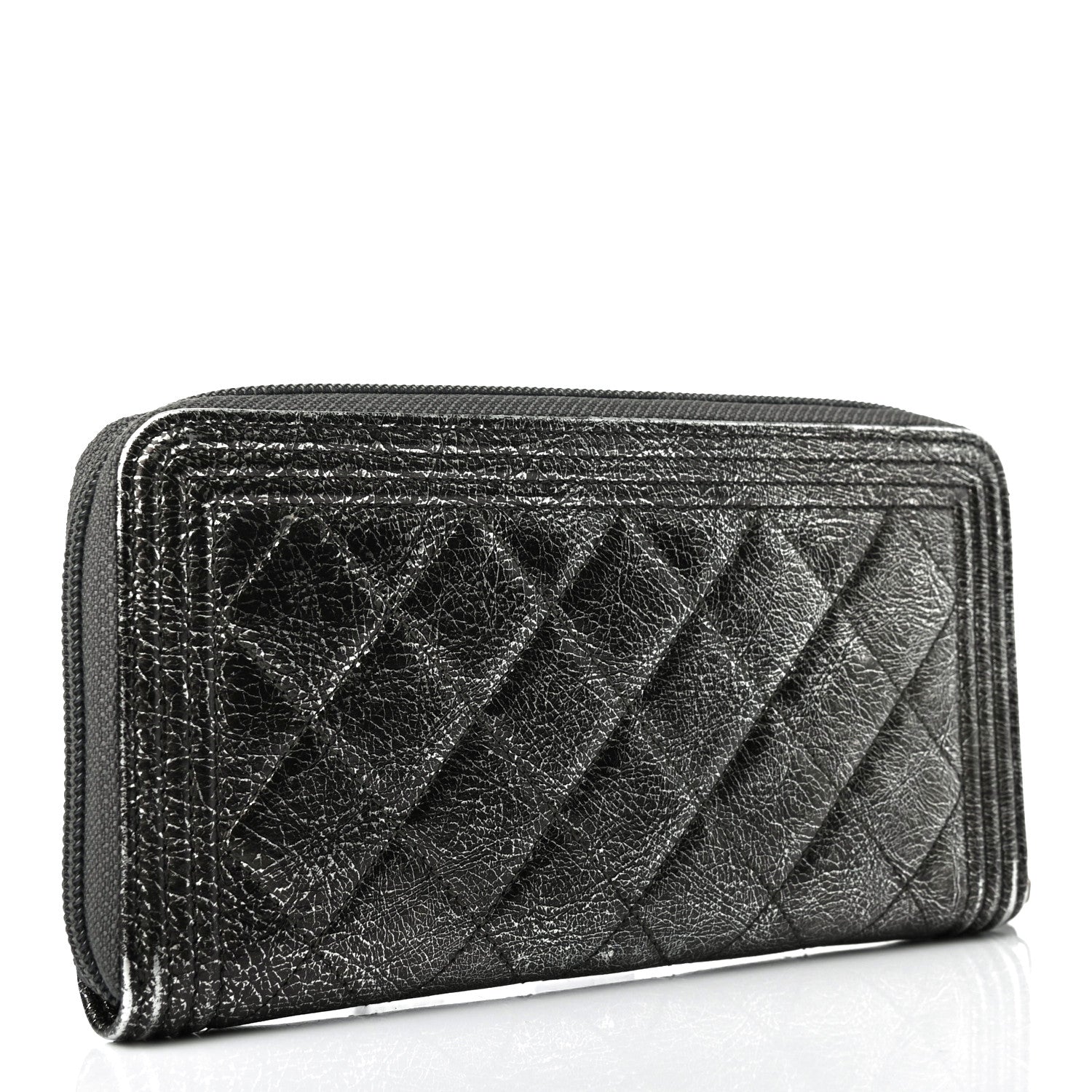 Chanel Cracked Metallic Calfskin Quilted Boy Long Zip Around Wallet Dark Silver 2 of 4