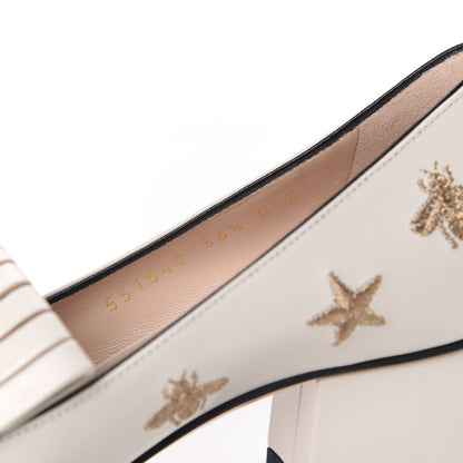 Gucci Quentin Goatskin Bee Star Embroidered GG Marmont Fringe 50mm Loafer Pumps 36.5 Mystic White 8 of 9