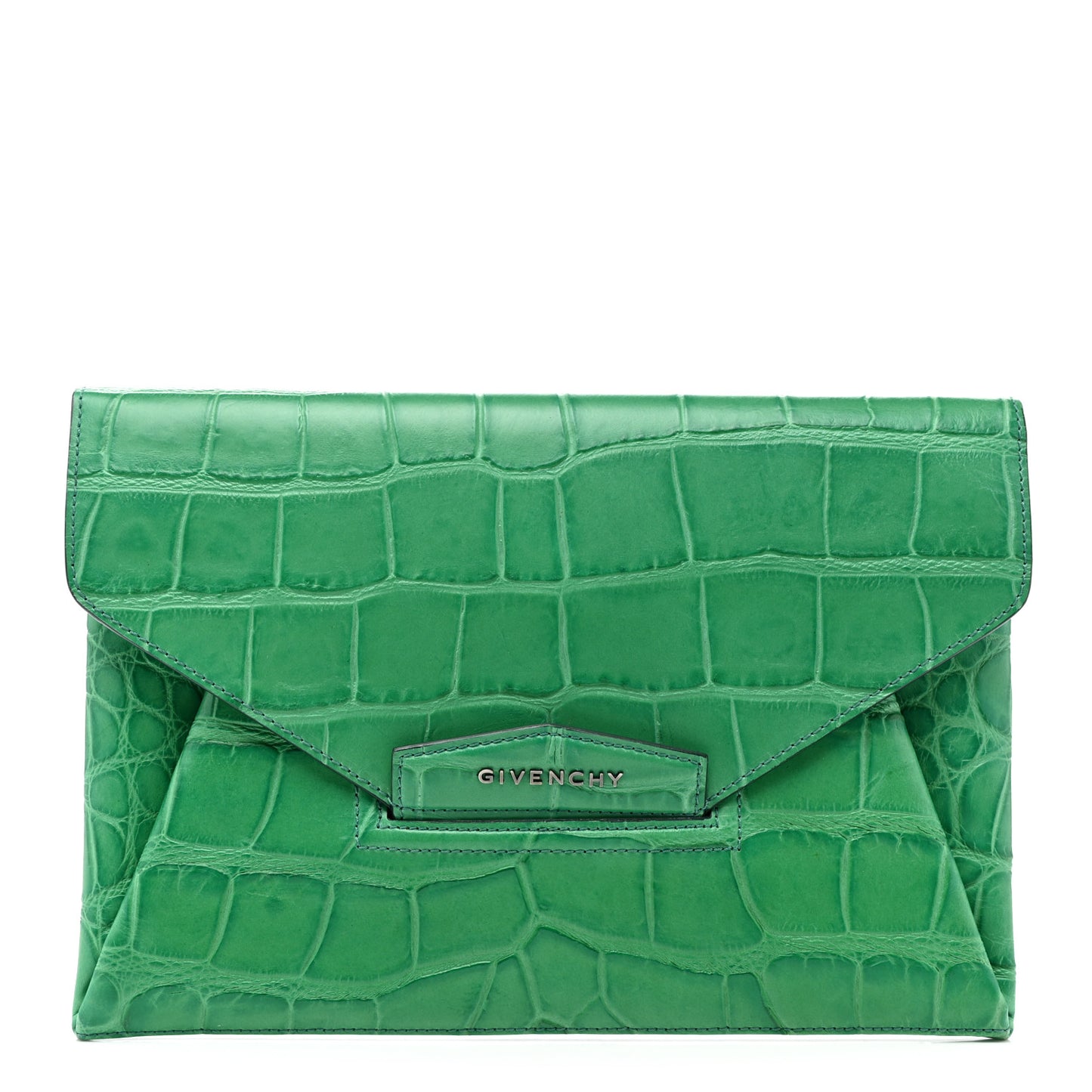 Calfskin Crocodile Embossed Medium Antigona Envelope Clutch Emerald