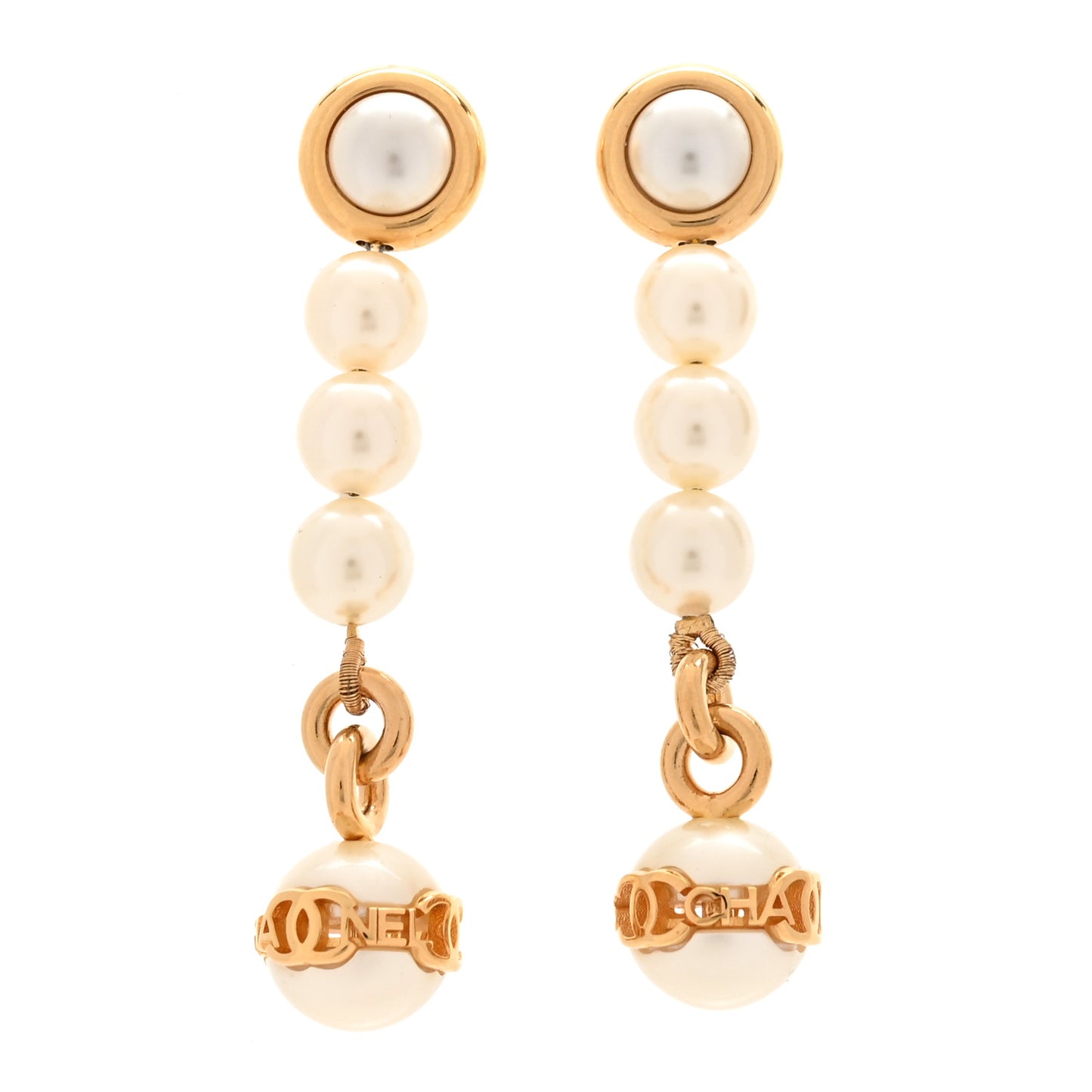 Metal Pearl CC Logo Drop Earrings White Gold