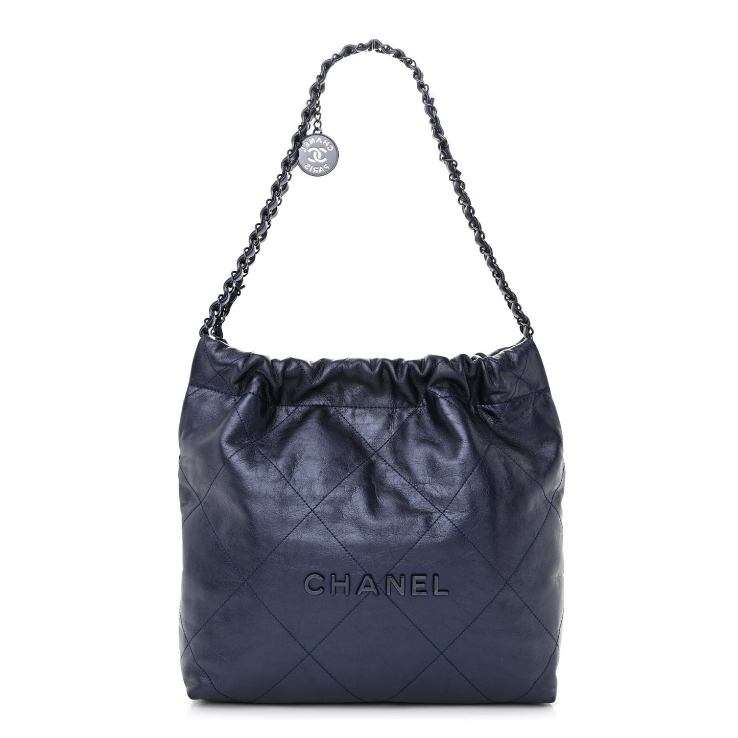 Metallic Calfskin Quilted Small Chanel 22 Navy Blue