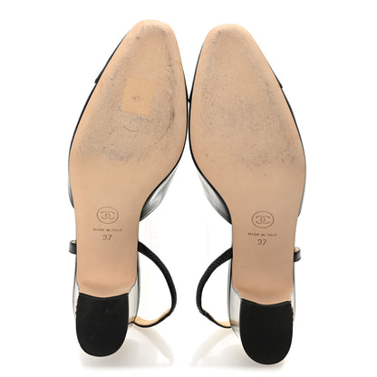 Chanel Goatskin Grosgrain Cap Toe CC Slingback Pumps 37 Black 5 of 8