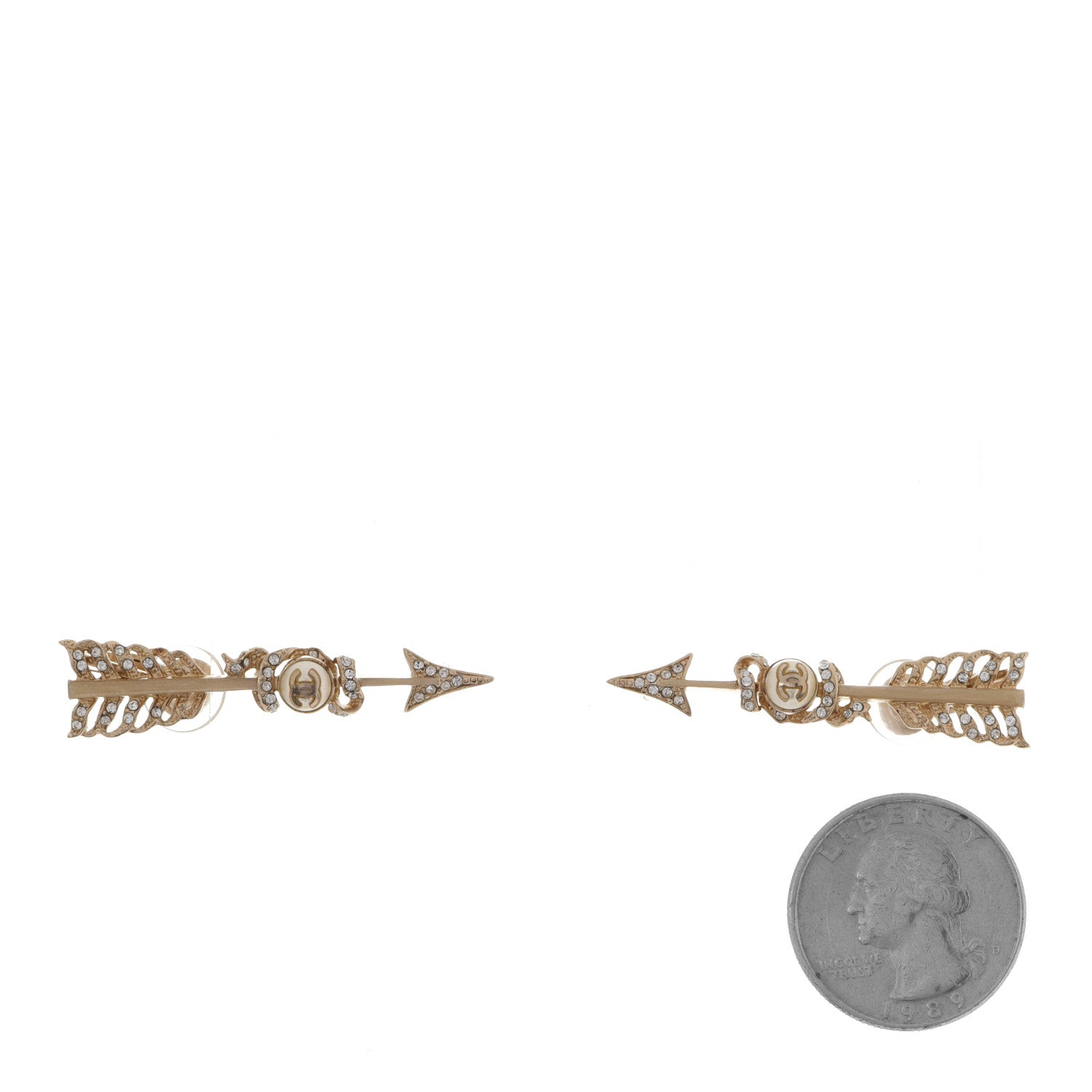 Chanel Crystal Pearl CC Arrow Clip On Earrings Gold 2 of 4