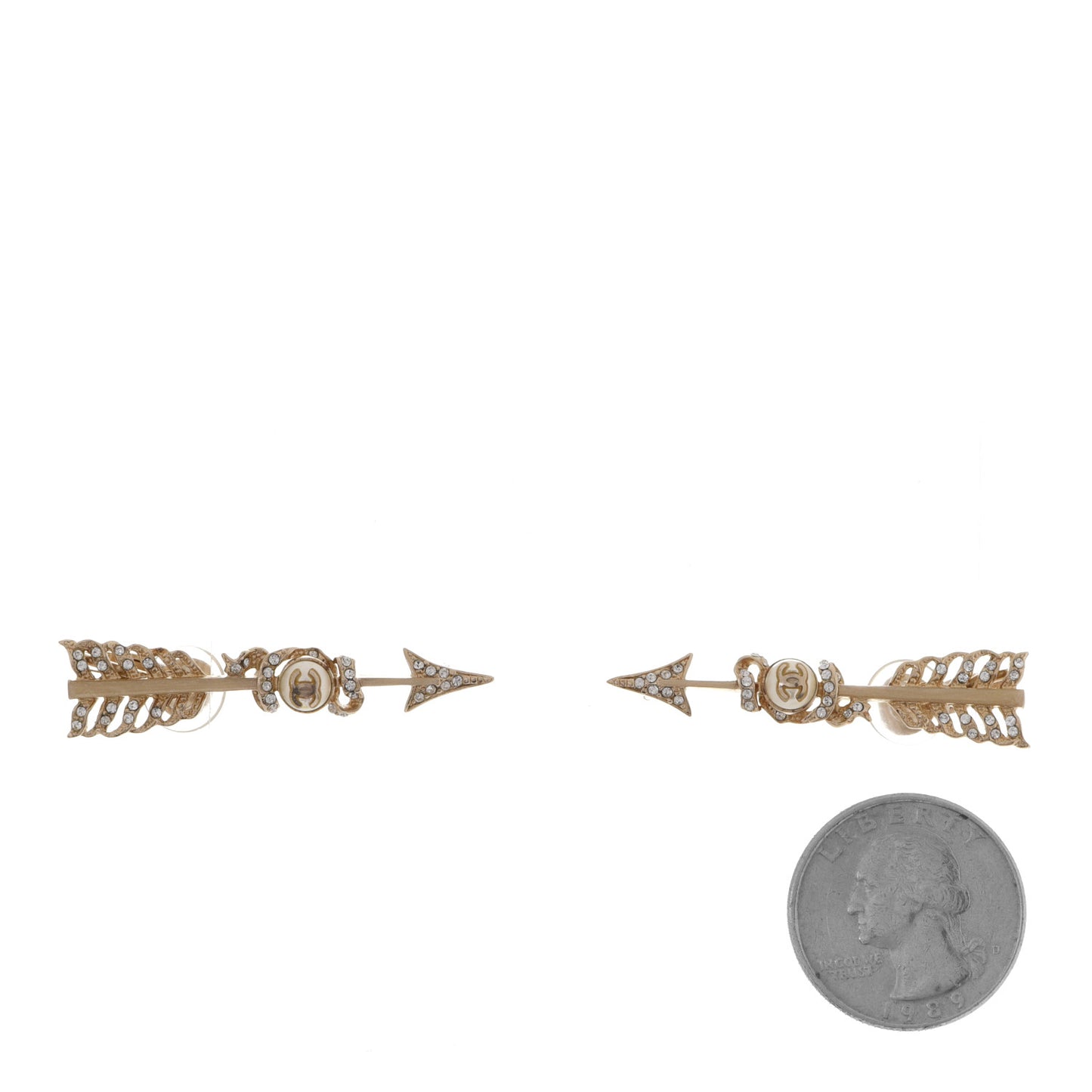 Crystal Pearl CC Arrow Clip On Earrings Gold