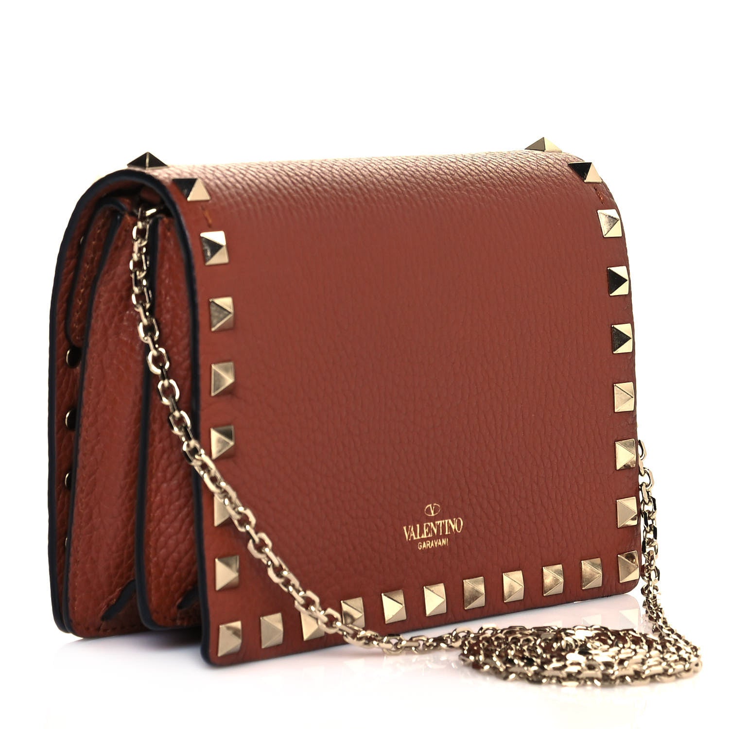 Valentino Garavani Pebbled Calfskin Rockstud Wallet on Chain Saddle Brown 2 of 13