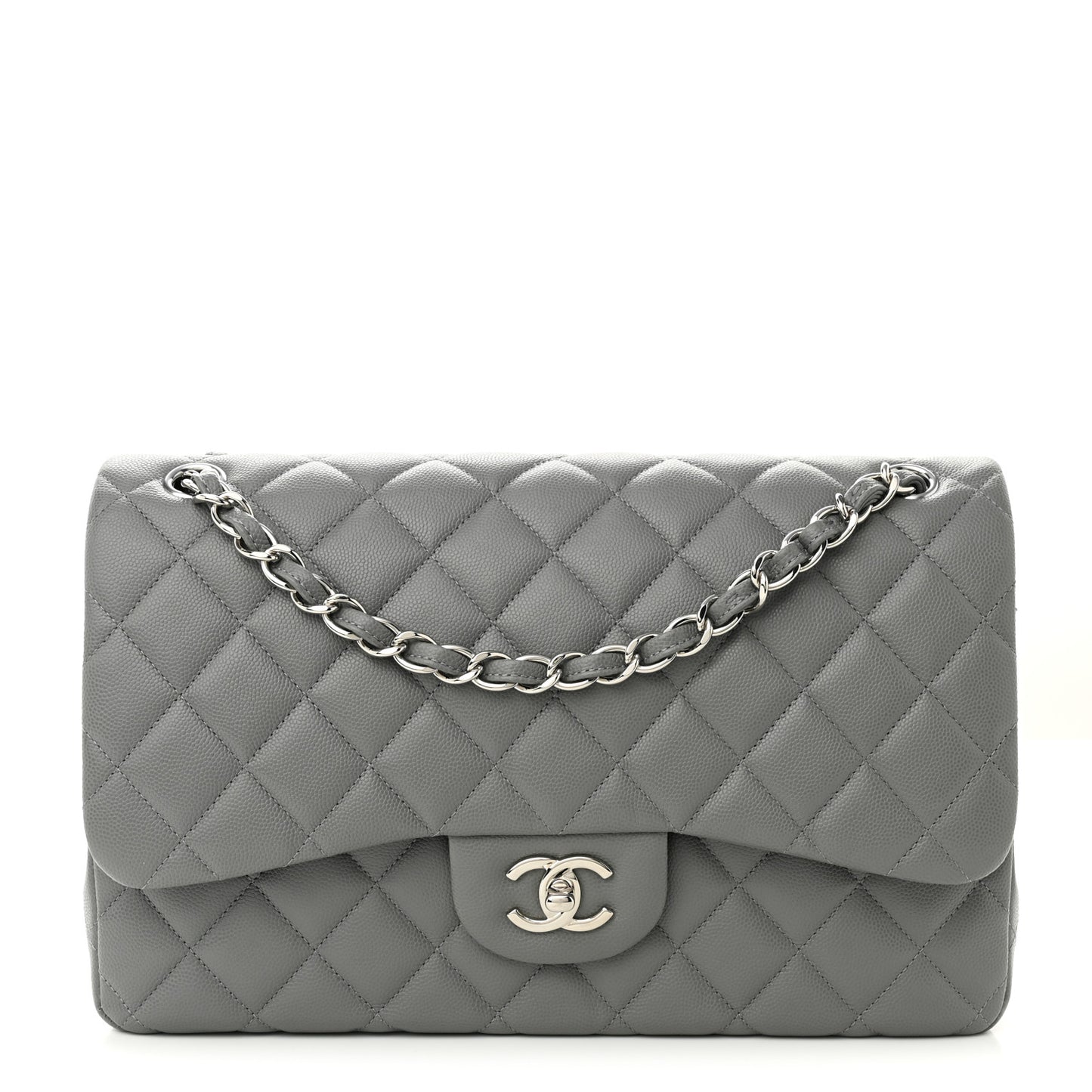Caviar Quilted Jumbo Double Flap Grey
