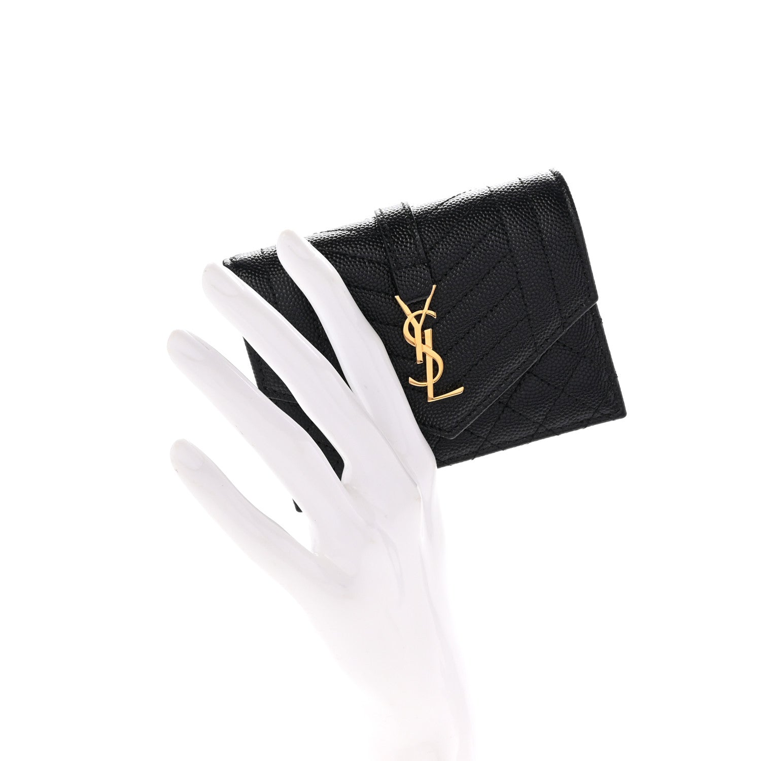 Saint Laurent Grain De Poudre Mixed Matelasse Triquilt Monogram Compact Tri Fold Wallet Black 2 of 7