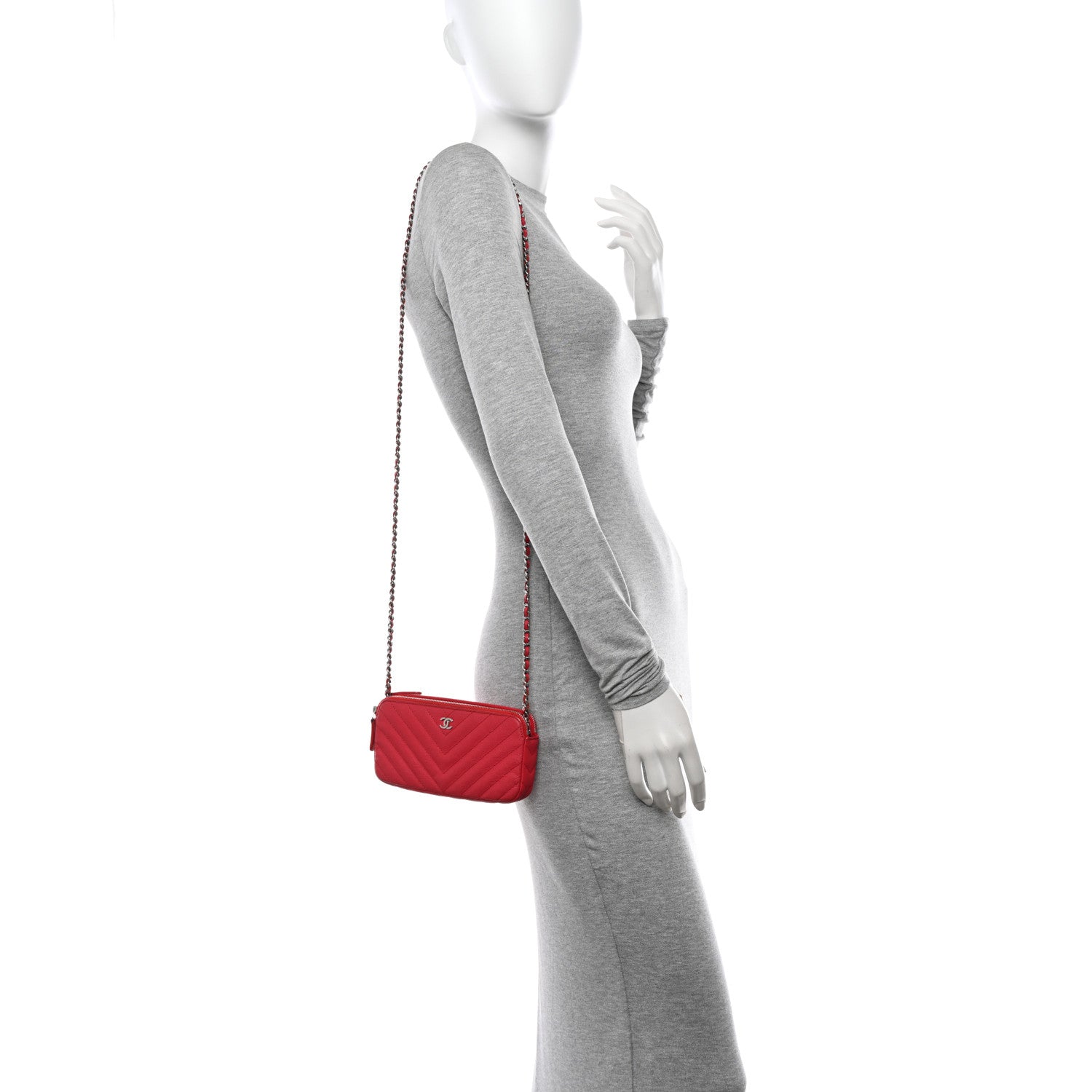 Chanel Caviar Chevron Quilted Small Clutch With Chain Light Red 2 of 15