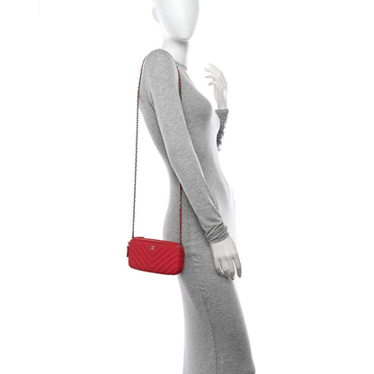 Chanel Caviar Chevron Quilted Small Clutch With Chain Light Red 2 of 15