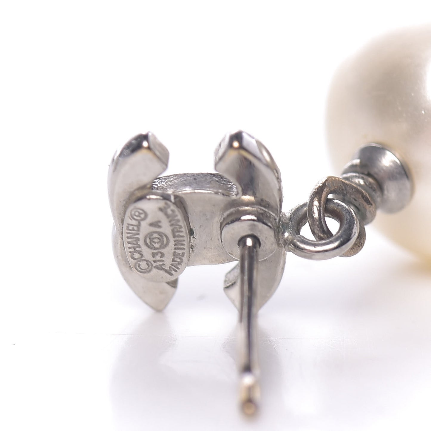 Crystal Pearl CC Drop Earrings Silver Pearly White