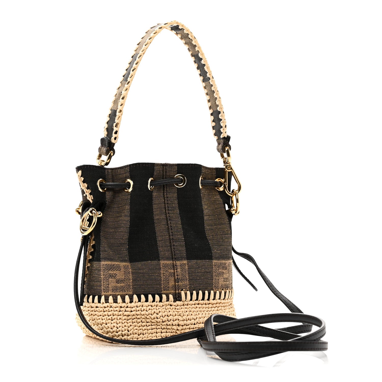 Fendi Fabric Jacquard Raffia Straw Pequin Gingham Woven Mini Mon Tresor Bucket Bag Beige Black Natural 3 of 11
